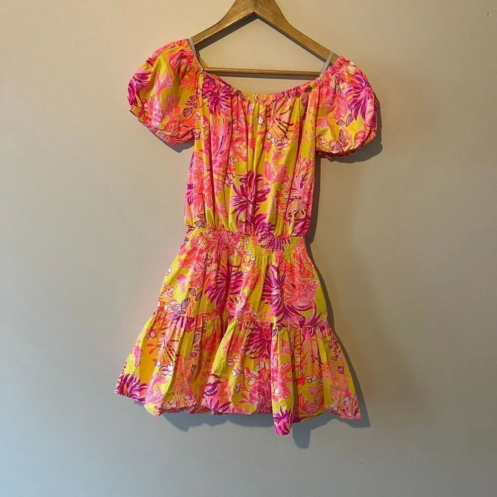 Lilly Pulitzer Jesiba Romper Calla Yellow Floral Coral 100% cotton coastal beach